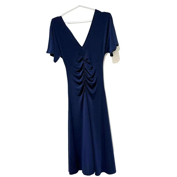 White House Black Market Size S Navy Ruched Cinched Tie Midi Pullover WMN Dress - Picture 5 of 8